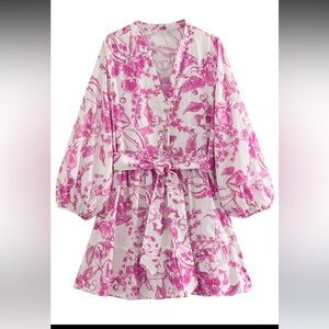 Watercolor Hot Pink Flower Lantern Sleeves Mini Dress.